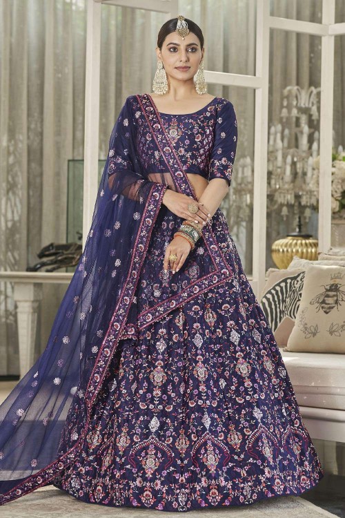 FABPIXEL Navy Blue & Gold-Toned Embroidered Thread Work Semi-Stitched  Lehenga & Unstitched Blouse With - Absolutely Desi