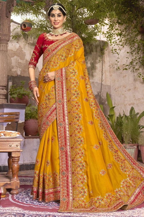 Stately Bright Yellow Silk Wedding Saree - G3-WSA54046 | G3nxt.com