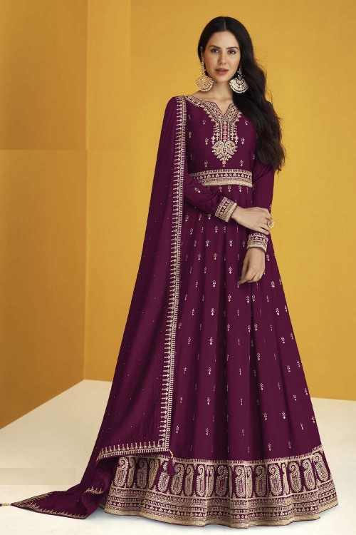 Plum Velvet Anarkali with Gotaa Work & Crushed Gold Azaar & Dupatta - SHK  1049