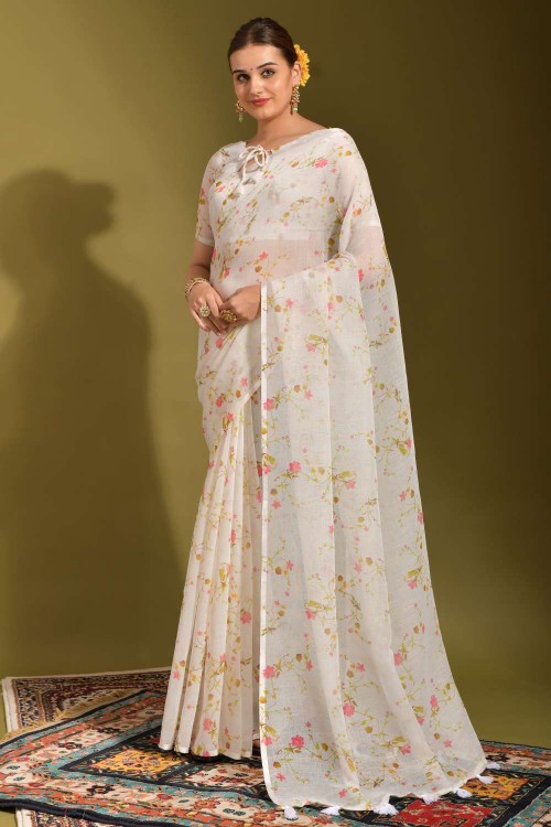 Linen Half-n-Half White And Pink Saree | Kankatala