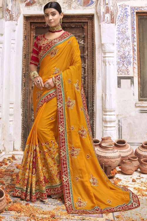 Buy HOUSE OF BEGUM Lemon Yellow Soft Silk Wedding Saree with Unstitched  Blouse online