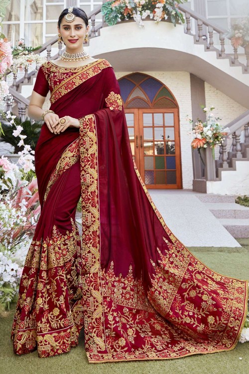 Maroon Silk Georgette Wedding Saree Blouse Designs