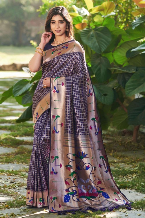 Royal Blue Katan Silk Woven Banarasi Silk Saree With Meena Work and Go –  BharatSthali