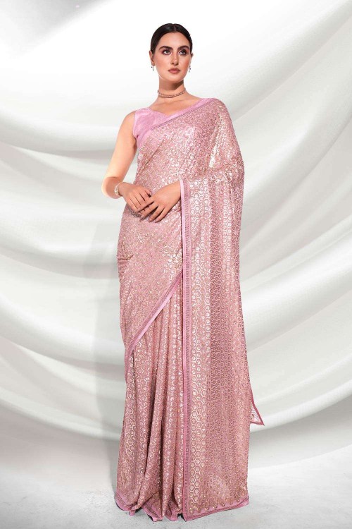 Buy Now Baby pink Georgette sequins Festive Wear Designer Saree