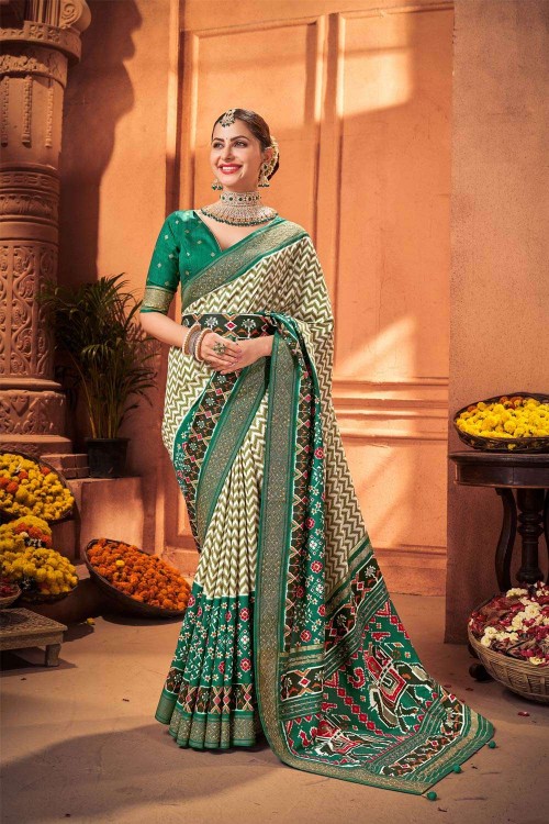 Off White and Green Contemporary Banarasi Silk Saree