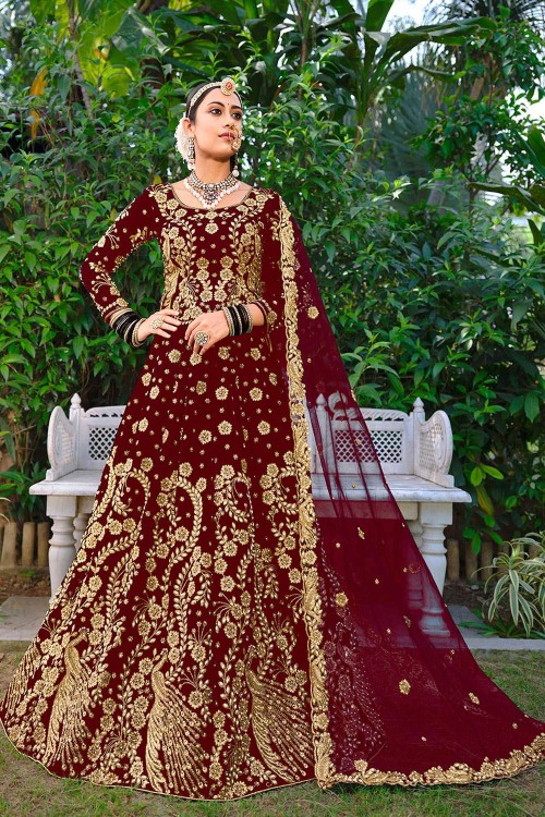 Maroon Color Velvet Designer Heavy Bridal Wedding Wear Lehenga Choli  -1212128336