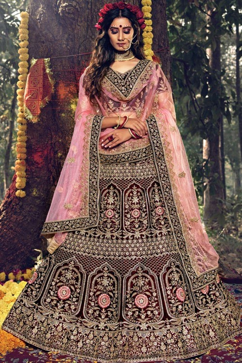 Maroon Velvet Embroidered Bridal Lehenga Choli 2030LG01