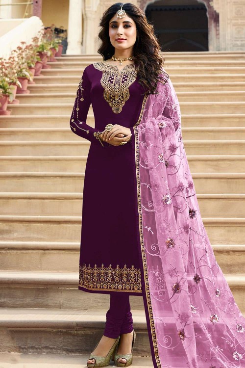 Beautiful purple floral cotton printed embroidery Gown with cotton dup –  Roshni Boutique
