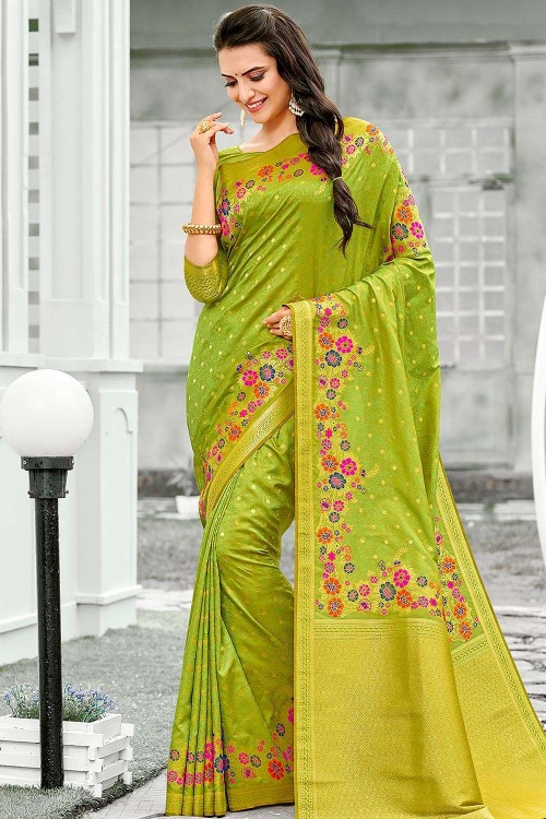 Parrot Green Banarasi Dola Silk Saree - Urban Womania