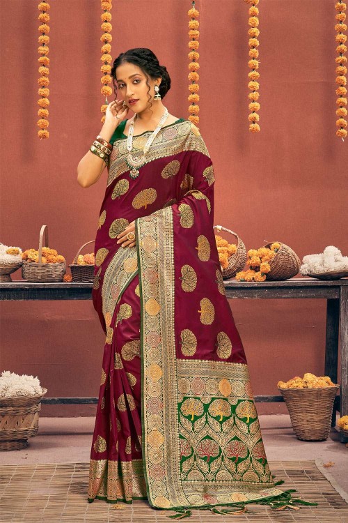 Buy Dark Maroon Banarasi Saree online-Karagiri