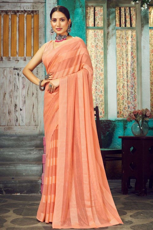 Cotton Linen Saree With Contrast Ikkat Blouse – Faburra