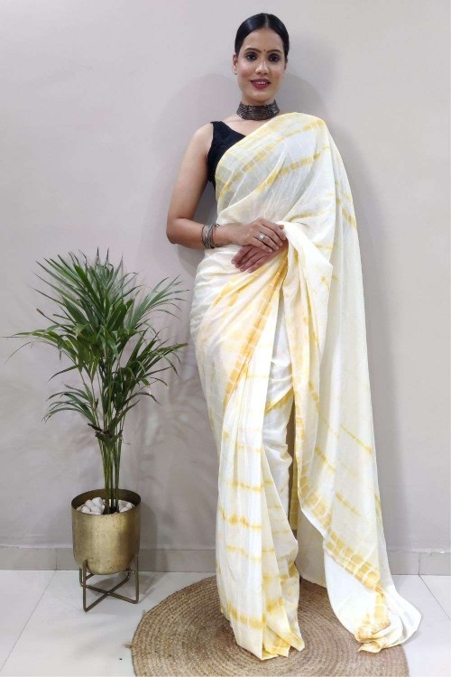 Buy Off White Crepe Chiffon Yellow Golden Hand-painted Saree Online in  India | Colorauction