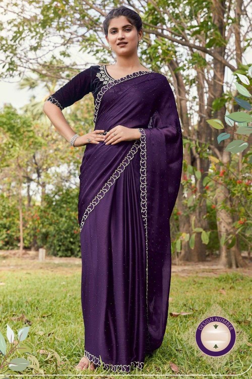 Chiffon Zardosi CutWork Light And Dark Purple Saree