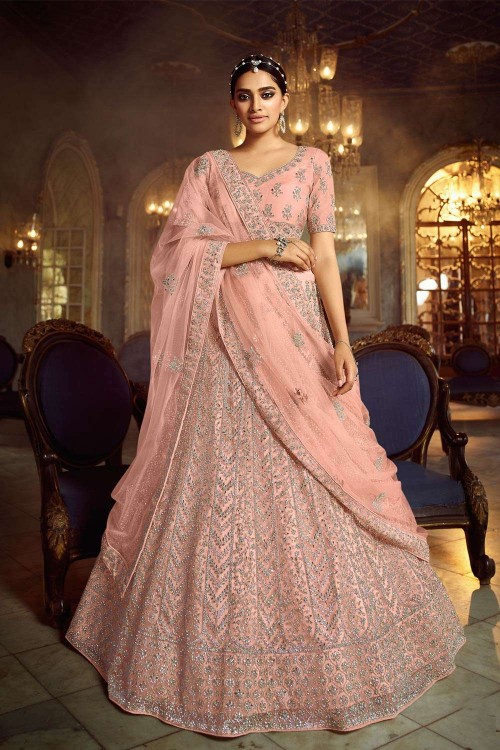 Net Embroidered Pink Wedding Lehenga Choli with Dupatta - LC7243