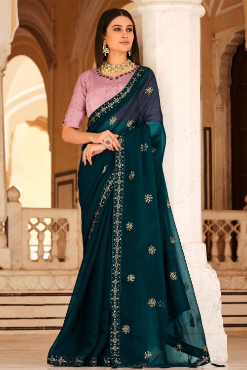 Teal Blue Bollywood Style Sequence & Embroidery Work Saree – BEST SAREE