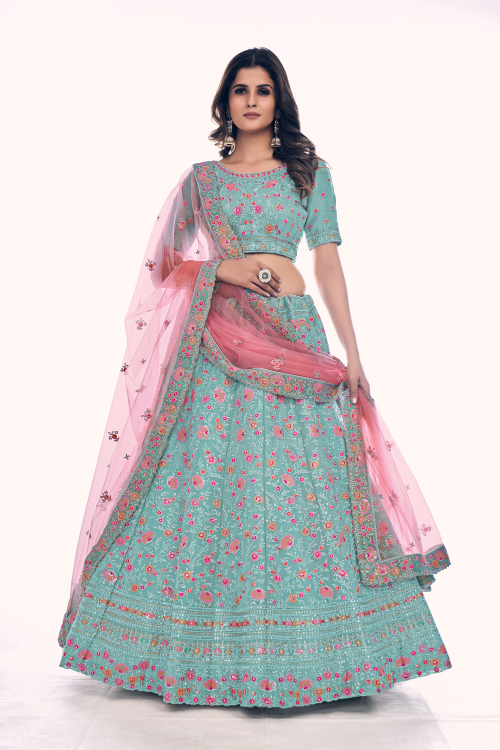 Buy Multi Color Floral Printed Banglory Silk Bridal Lehenga Black Choli And Dupatta  Online from EthnicPlus for ₹3199.00